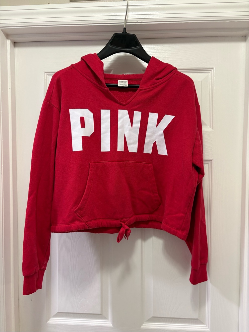 PINK Victoria's Secret Red Cropped Hoodie with White Logo